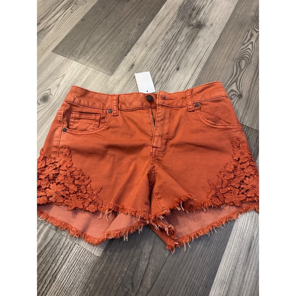 Altar'd State Burnt Orange Crochet Lace Frayed Hem Denim Shorts Size 25